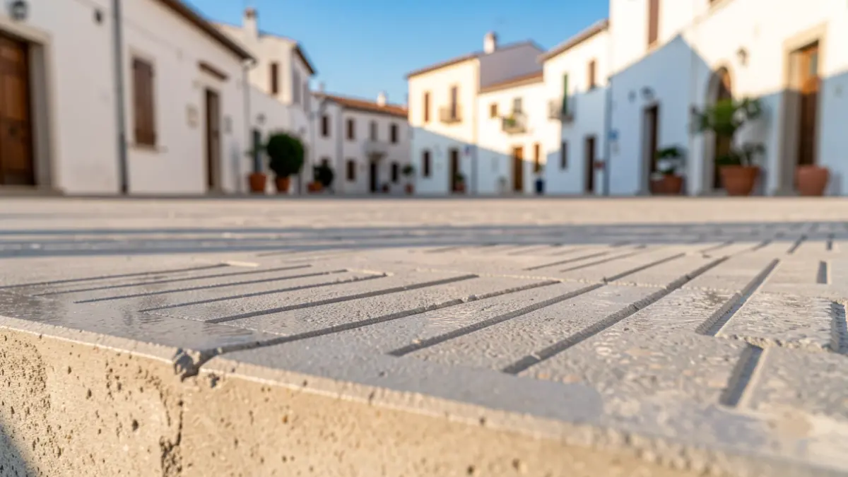 Imagen de pavimento de hormigón impreso recién instalado en una plaza pública.