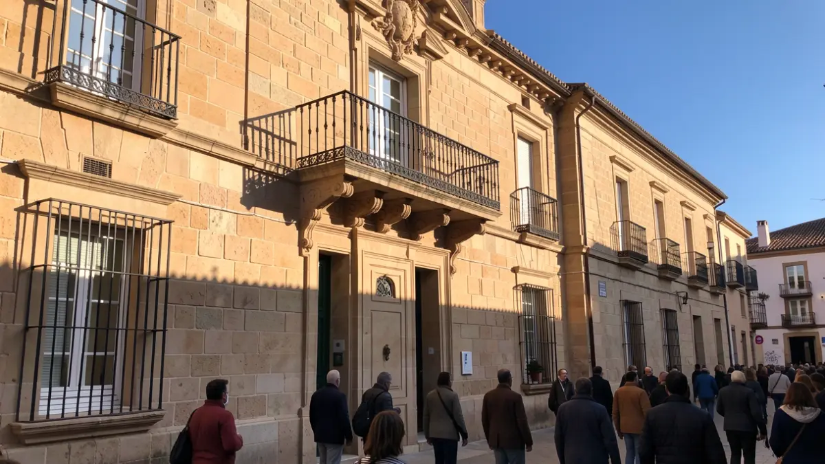 Facade of an Andalusian town hall with a balcony and iron railings, warm afternoon light.