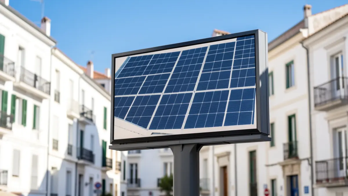 Image of a new digital advertising support with solar panels on a street in Jaén.