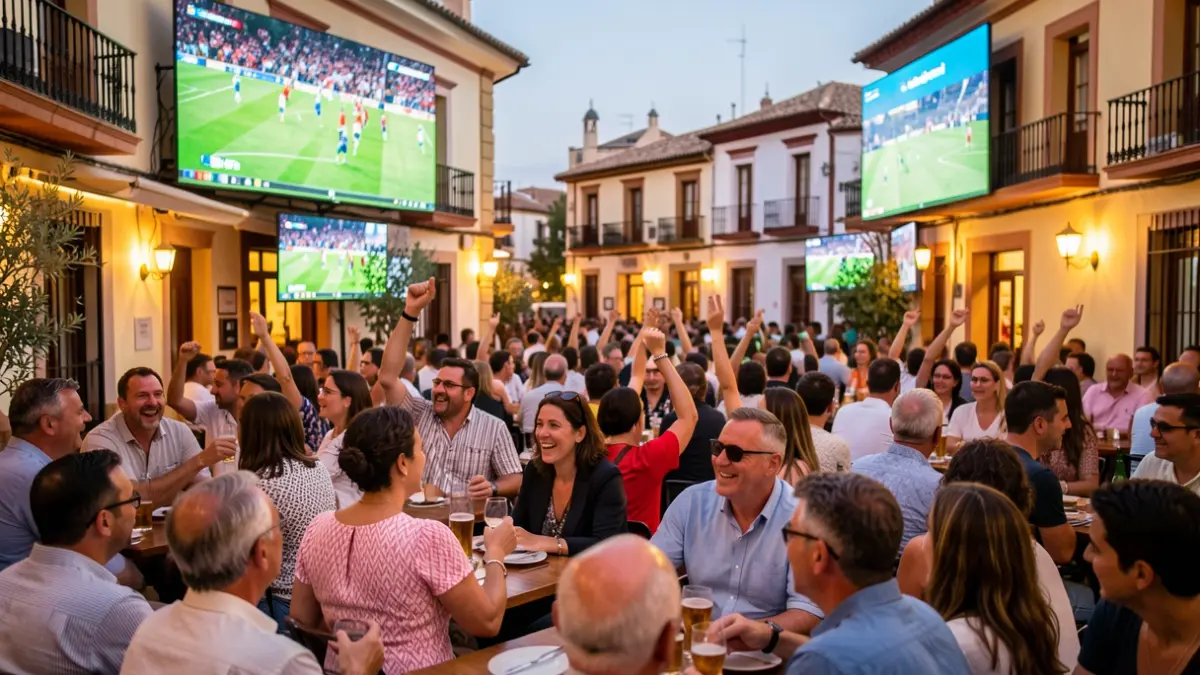 Generic image of an outdoor terrace with giant screens to watch a football match in an Andalusian city.