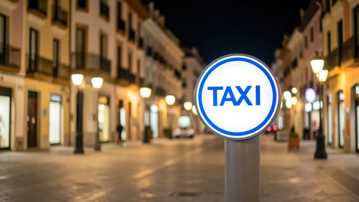 Modern taxi sign illuminated in an Andalusian urban square at night.
