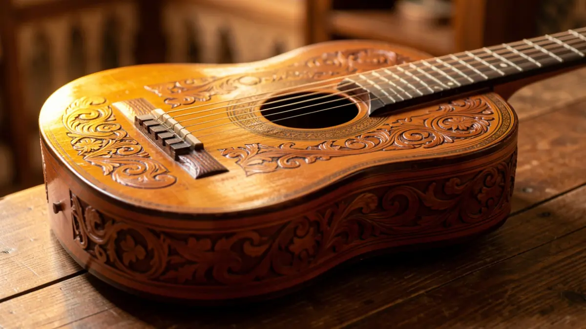 Primer plano de una guitarra española tradicional.