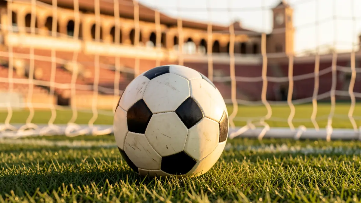 Generic image of a soccer ball on grass with the goal blurred in the background.