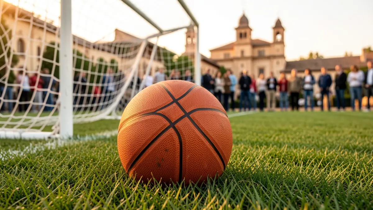 Imagen genérica de un balón de baloncesto sobre césped con elementos arquitectónicos andaluces al fondo.