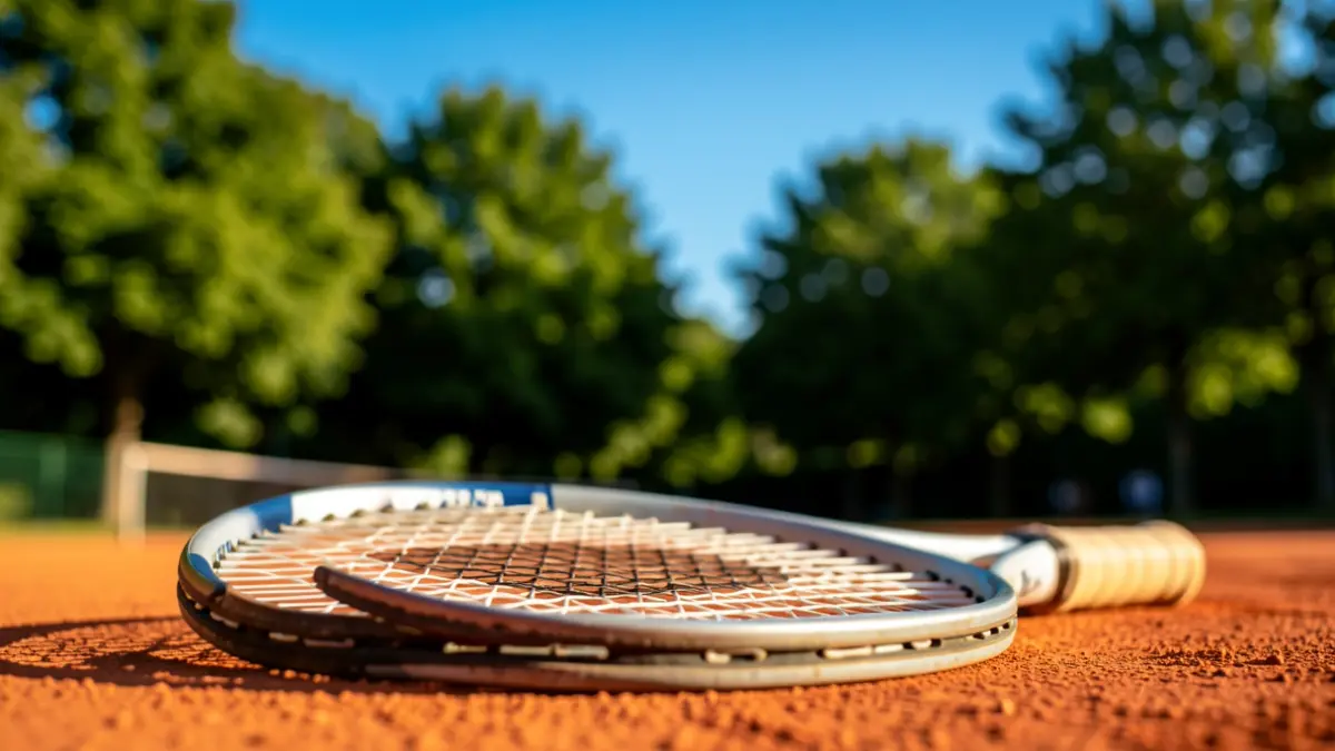 Close-up of a tennis racket on a clay court at La Garza Sports Park.