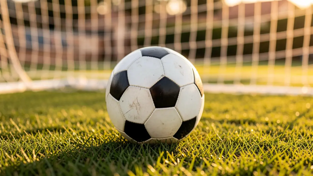 Generic image of a football on grass with the goal net blurred.