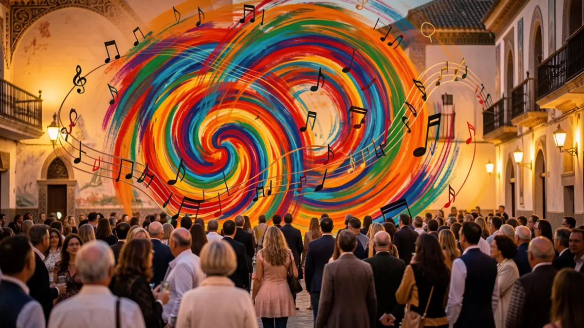 Generic image of jazz and flamenco fusion with abstract visual elements and Andalusian architecture.