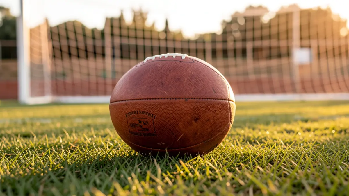 Generic image of a football on a field at sunset.