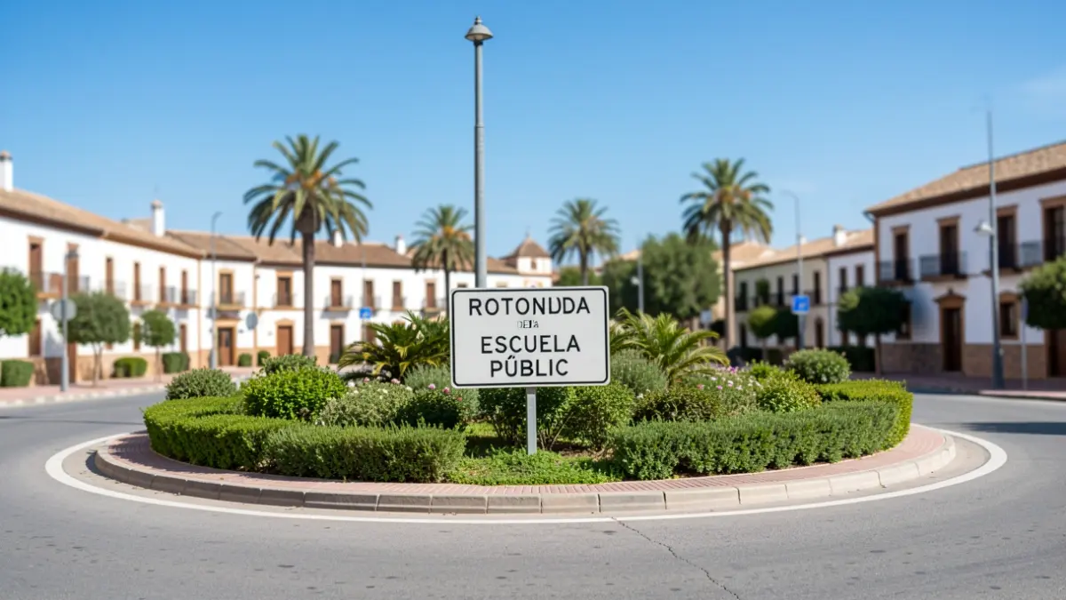 Roundabout of Public School in Jerez, with signage and Andalusian architecture.