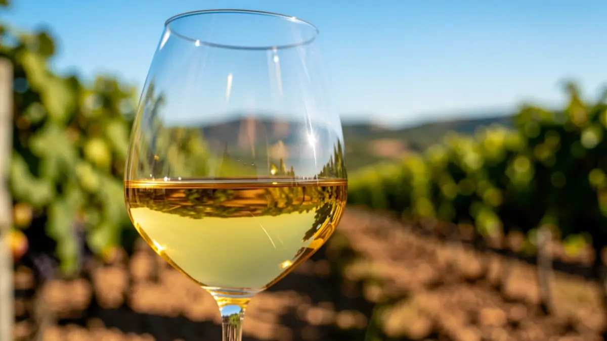 Copa de vino de Jerez con reflejos de viñedos al atardecer.