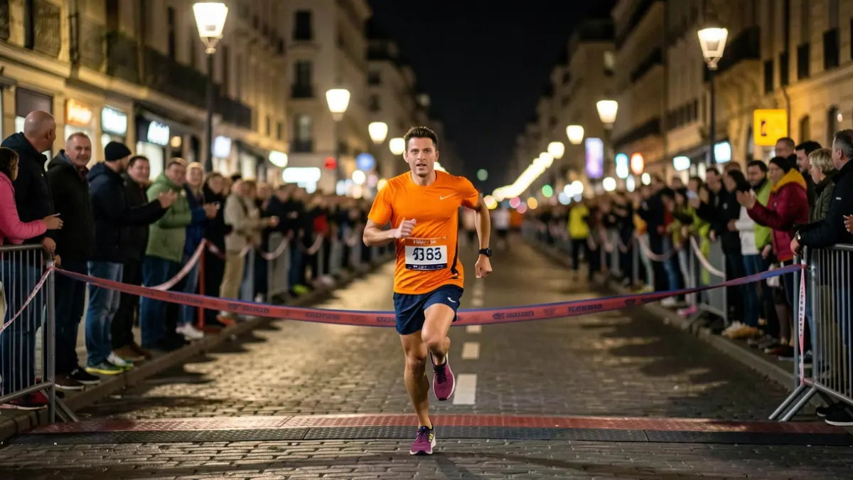 Imagen genérica de una carrera nocturna con corredores cruzando la meta.