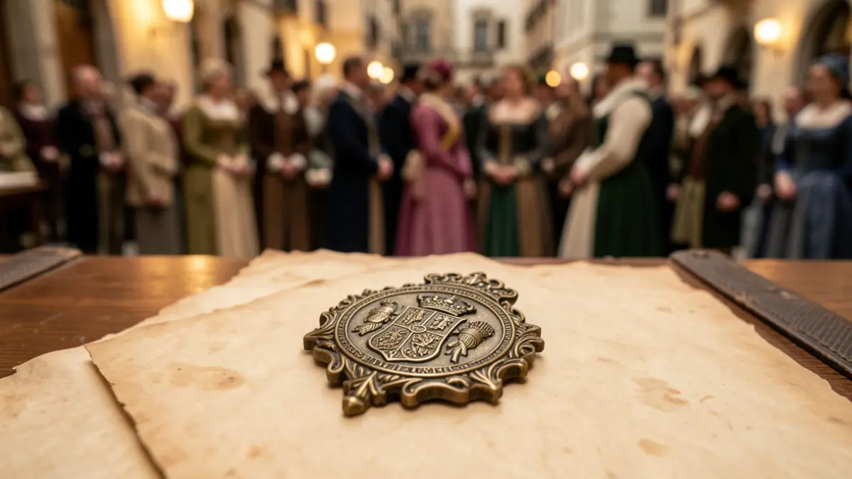 Primer plano de una medalla militar española histórica sobre un pergamino antiguo.