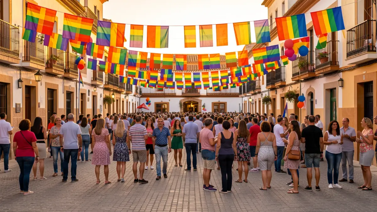 Plaza de un pueblo andaluz decorada con banderas arcoíris para la celebración del Orgullo.