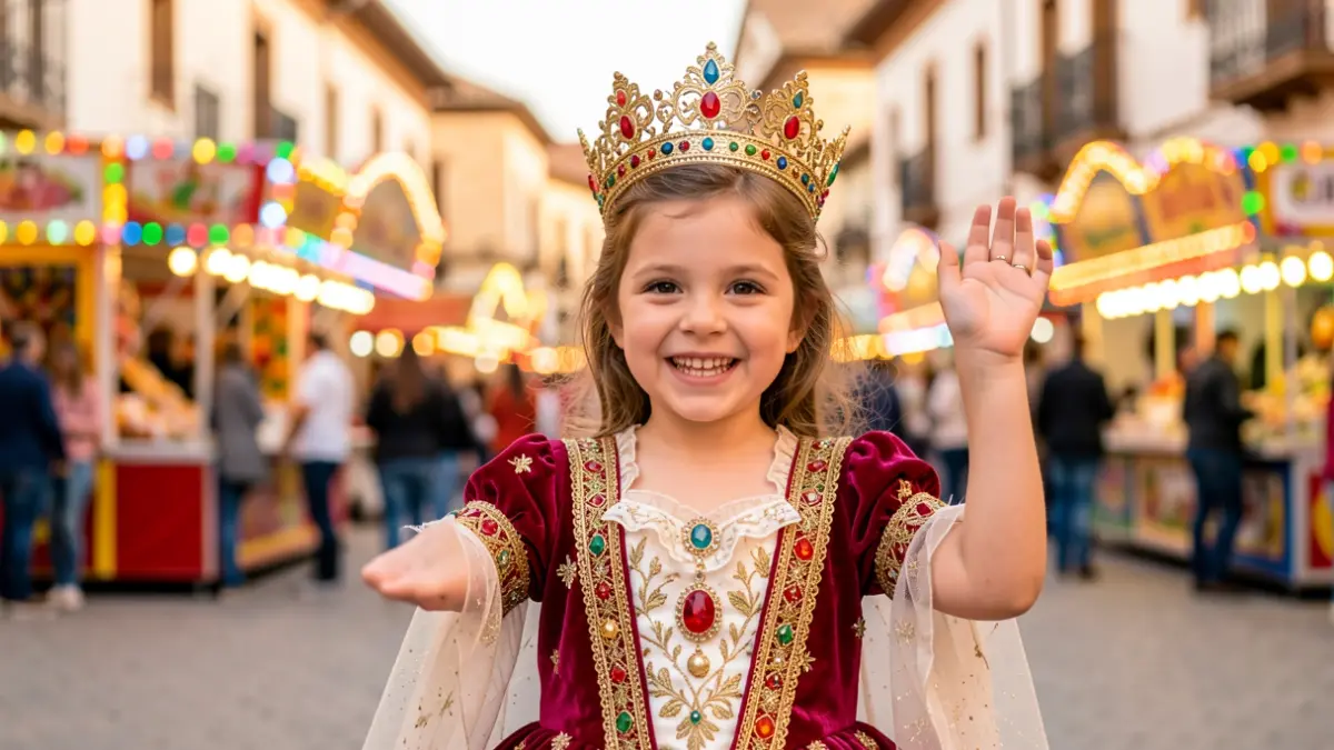 Image of the Child Queen of the Feria Real of Algeciras, smiling and waving.