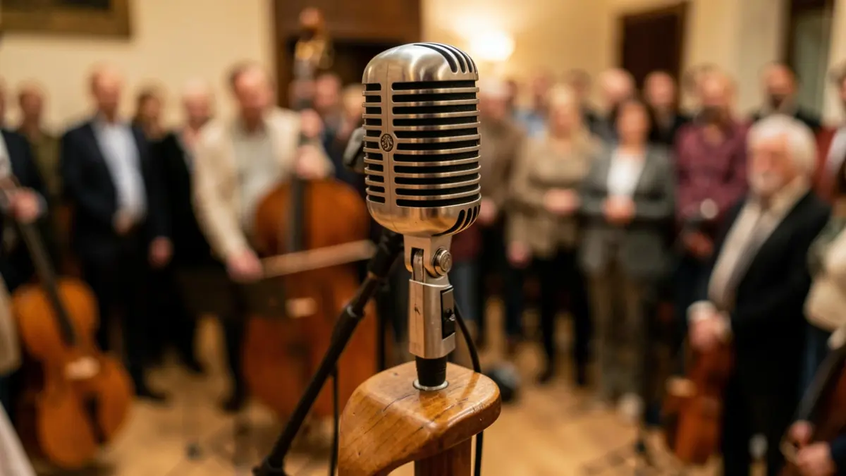Generic image of a vintage microphone in a recording studio.
