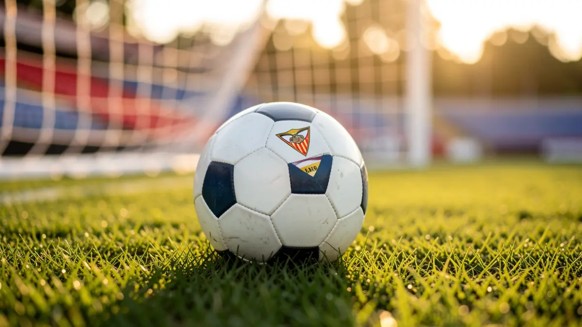 Generic image of a soccer ball on grass with the goal blurred in the background.