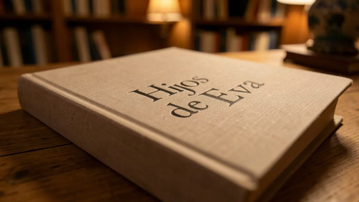 Primer plano del libro 'Hijos de Eva' sobre una mesa de madera, con iluminación cálida y fondo desenfocado.
