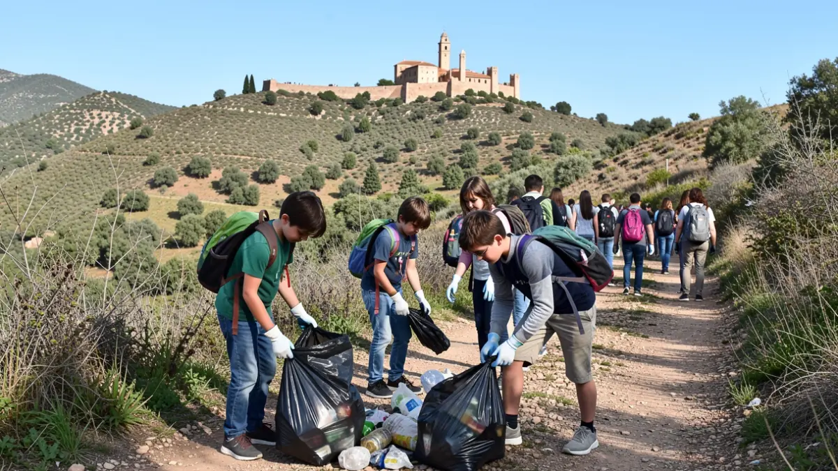 Imagen de estudiantes recogiendo residuos en el Cerro de Santa Catalina.