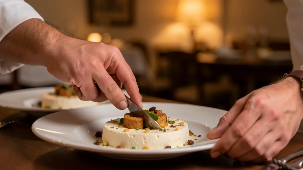 Close-up of a chef's hands plating a traditional Andalusian dish in an intimate restaurant.