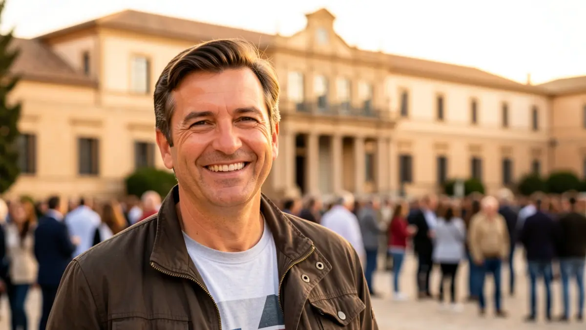 Imagen de un político sonriente con camiseta y chaqueta, frente al Parlamento Andaluz.