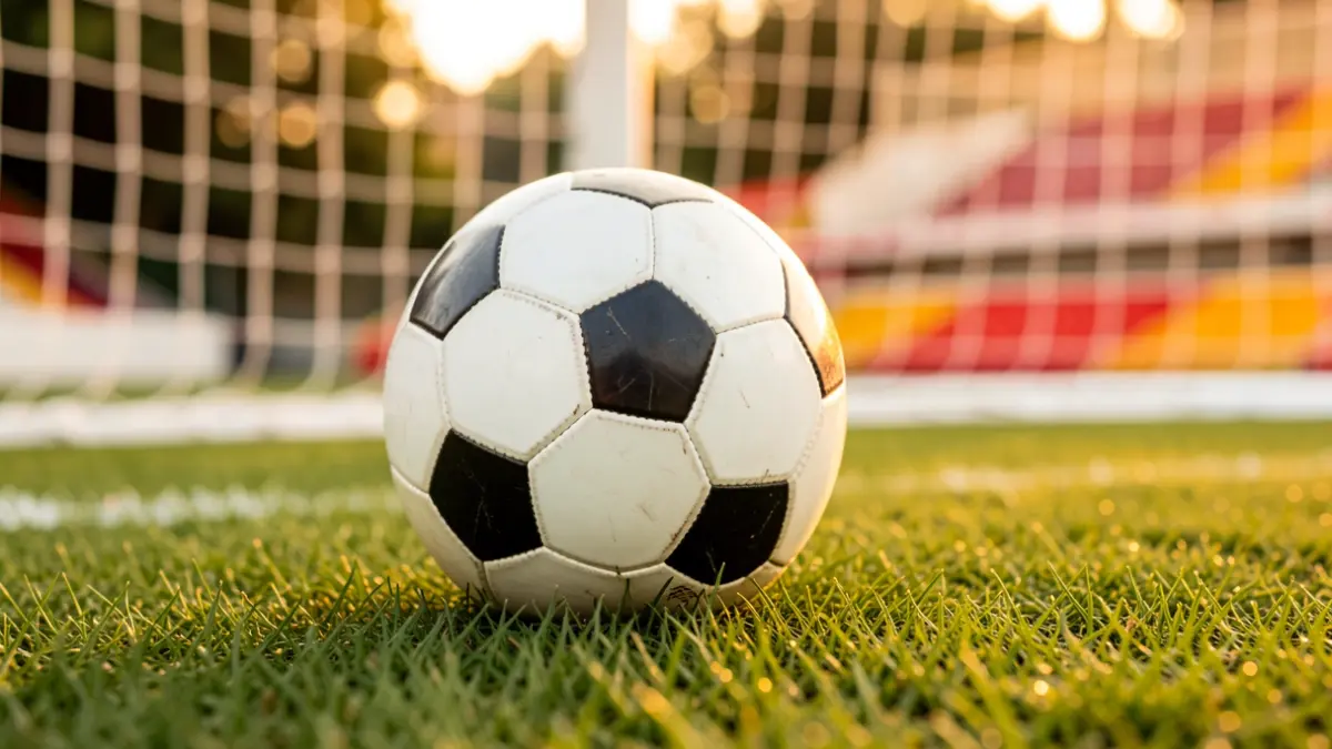 Generic image of a soccer ball on grass with the goal net out of focus.