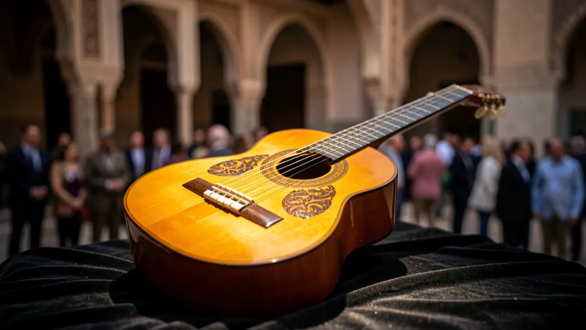 Primer plano de una guitarra flamenca, símbolo del legado de Paco de Lucía.