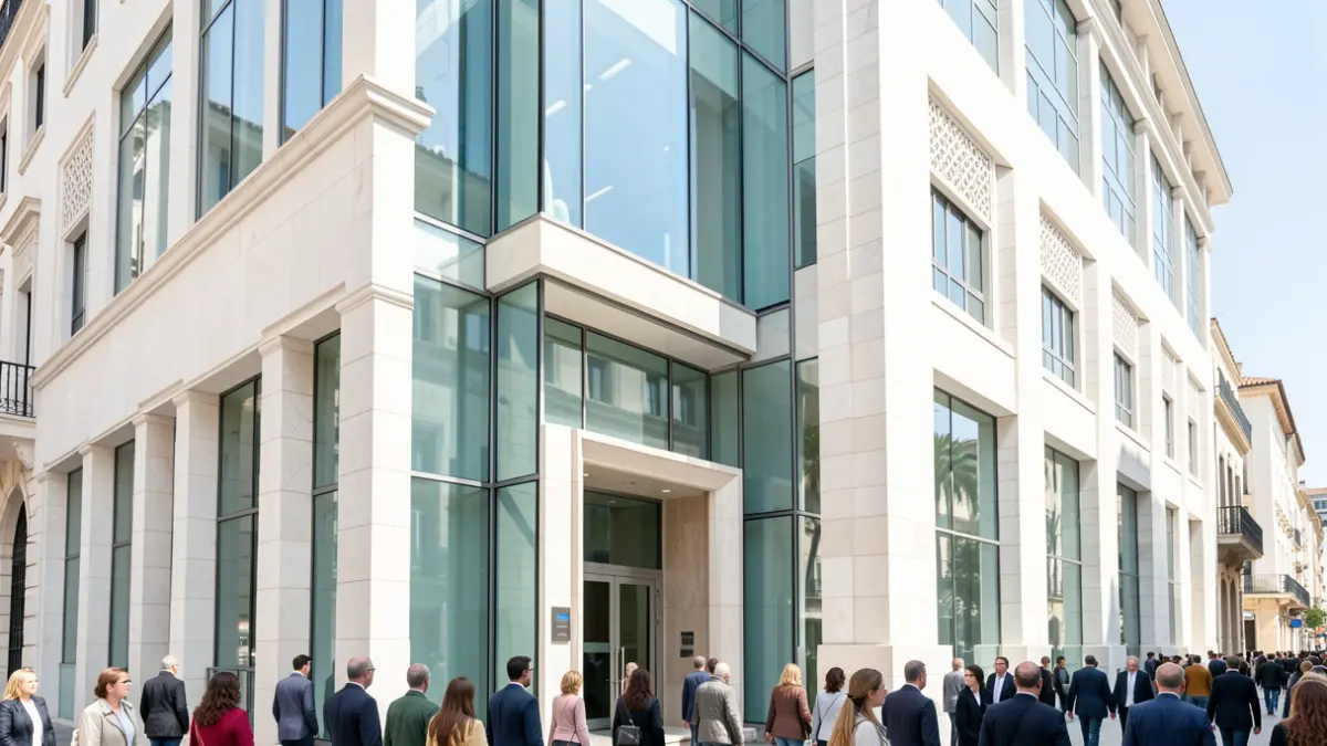 Fachada de un edificio institucional moderno con elementos arquitectónicos andaluces.