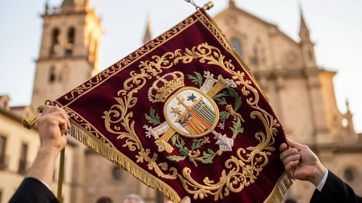Detalle de un estandarte de hermandad religiosa sevillana con bordados intrincados y símbolos religiosos, en un entorno histórico andaluz.