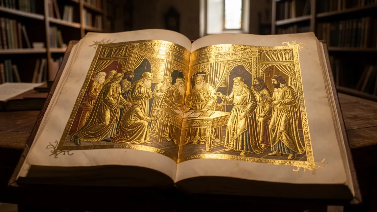 Illuminated medieval manuscript with details of scholars and a king in a scriptorium.