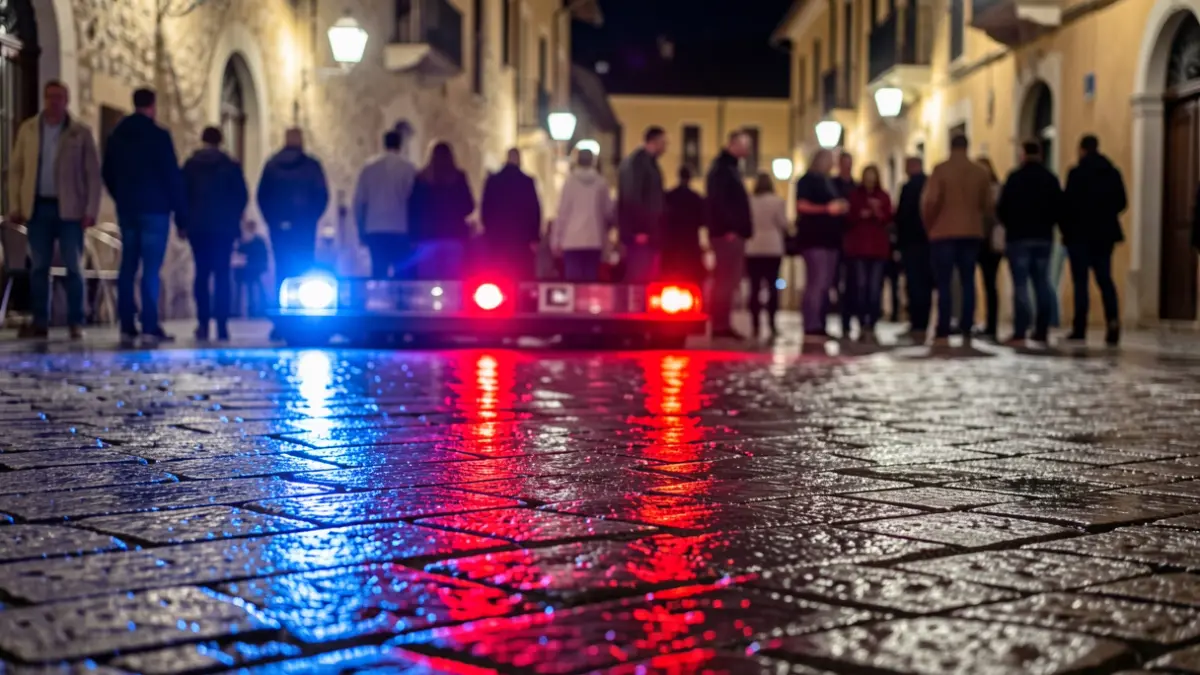 Imagen genérica de luces de emergencia reflejándose en el asfalto mojado por la noche.