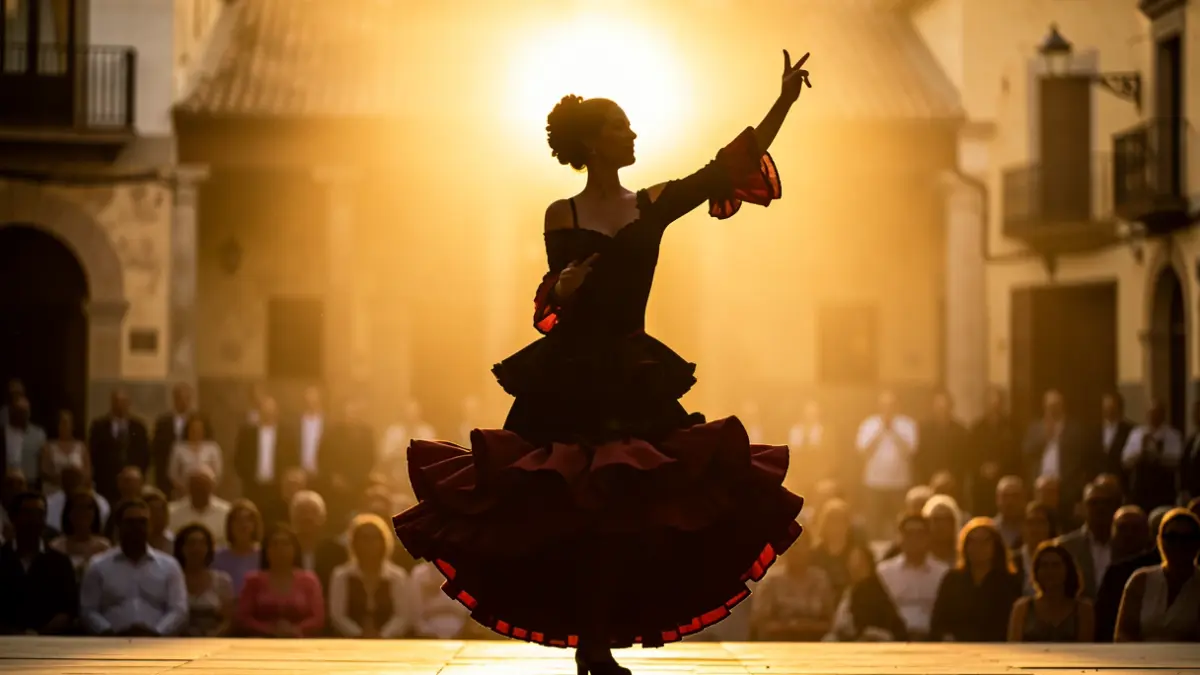 Image of a flamenco dancer performing in a historic Andalusian plaza under warm light.