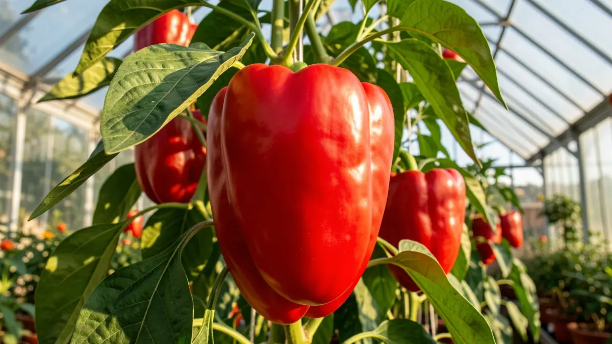 Primer plano de una planta de pimiento rojo gigante en un invernadero en Andalucía.
