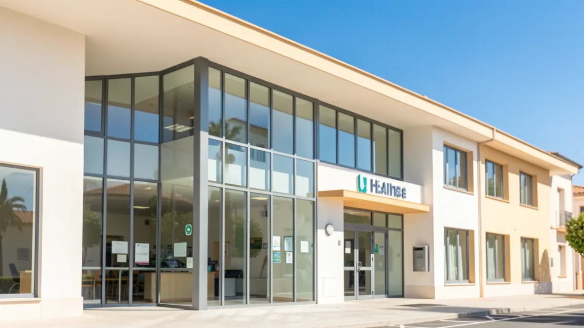 Fachada de un moderno centro de salud en Andalucía bajo un cielo azul.