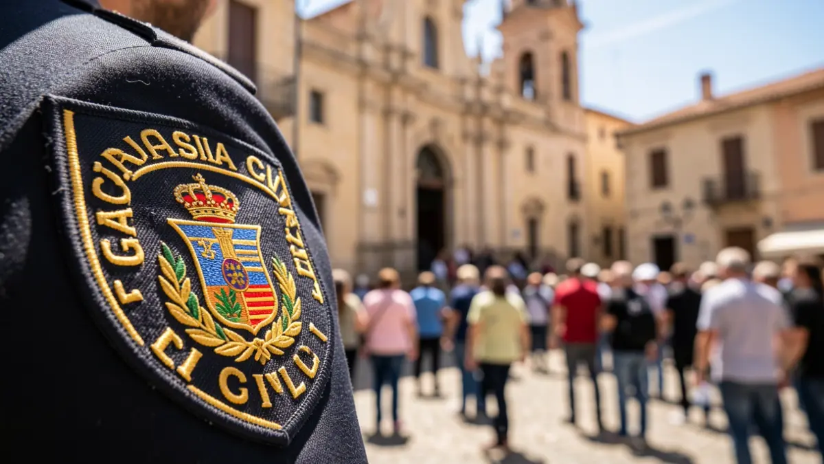Guardia Civil badge with a blurred background of an Andalusian town hall.