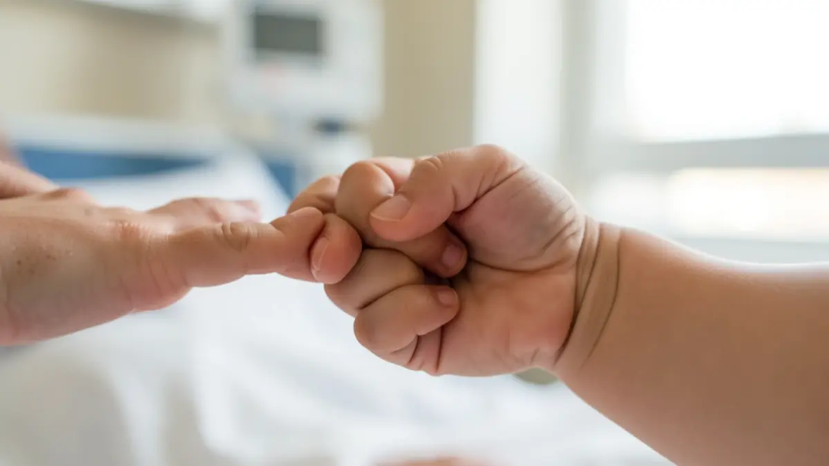 Primer plano de la mano de un bebé sujetando un dedo adulto, con un fondo desenfocado de una habitación de hospital.