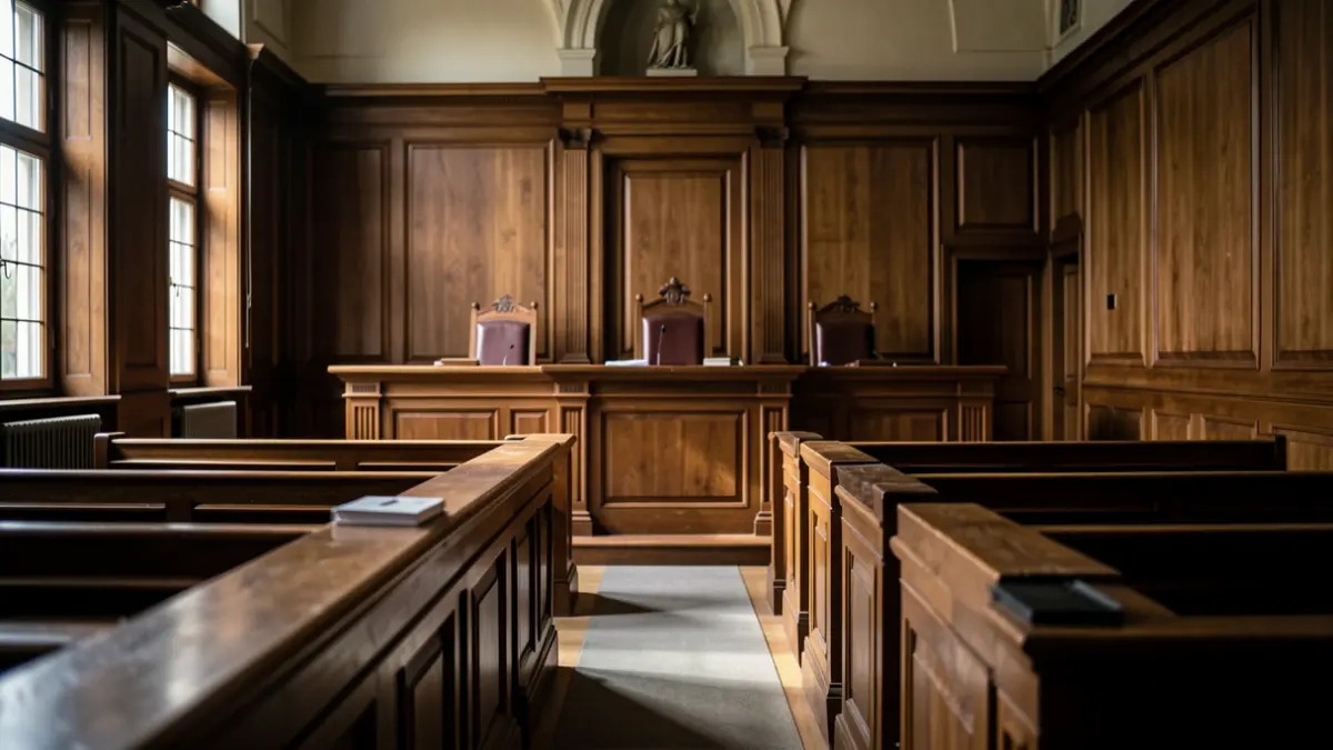 Generic image of an empty courtroom with dramatic lighting.