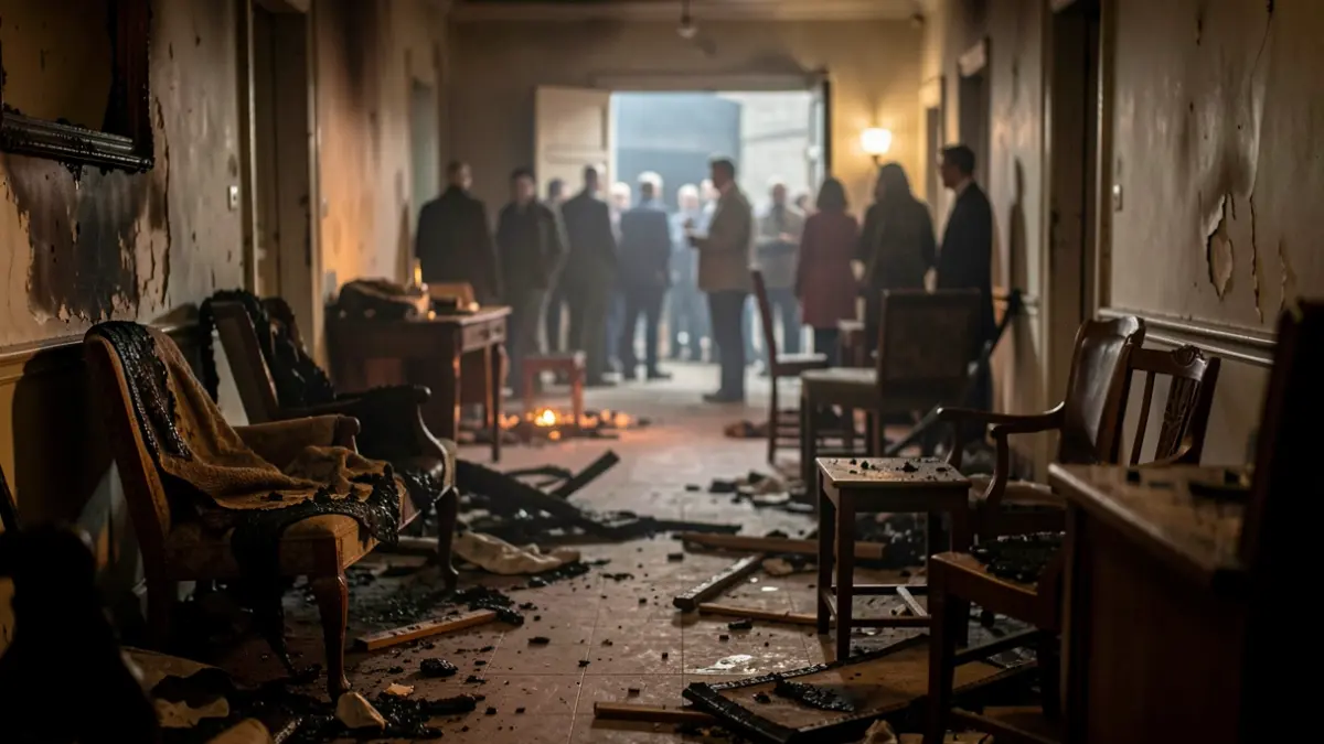 Generic image of the aftermath of an incident with low light and scorched textures.