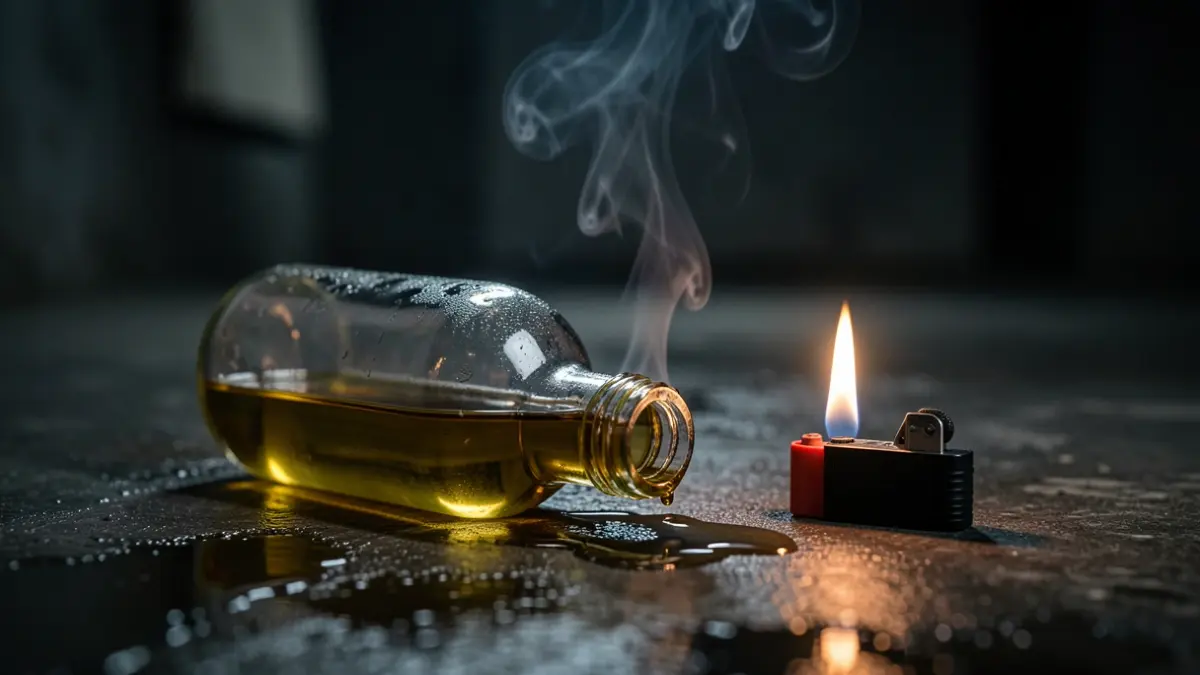 Close-up of a spilled bottle of liquid with a gasoline smell next to a lit lighter on a dark, wet surface.