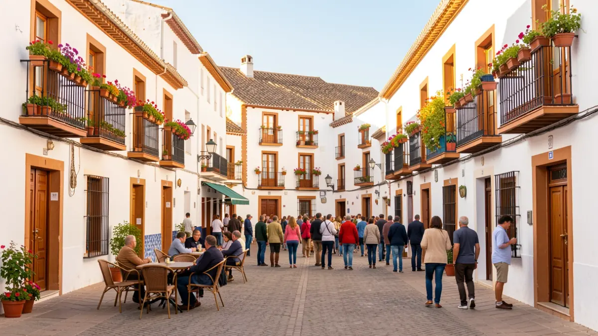 Andalusian town square with white buildings and flowered balconies in the afternoon sun.