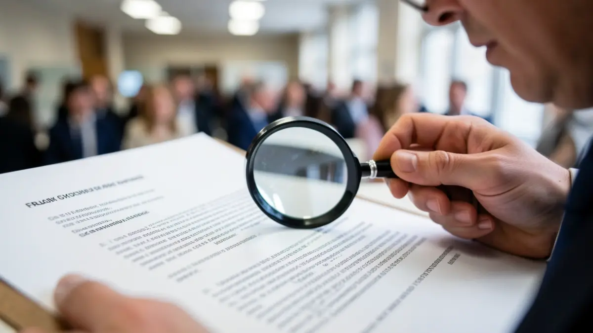 Close-up of a detective's magnifying glass examining a document with blurred text, symbolizing investigation and fraud detection.
