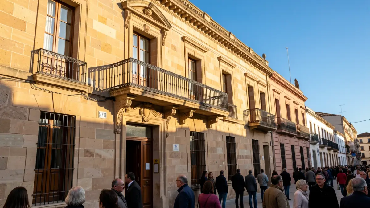 Fachada de piedra de un ayuntamiento andaluz con balcón y barandillas de hierro, luz cálida de la tarde proyectando sombras.
