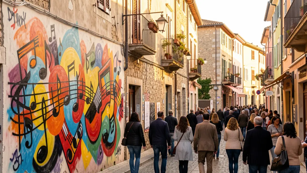 Generic image of a street art mural with musical notes and abstract shapes in a Mediterranean city neighborhood.