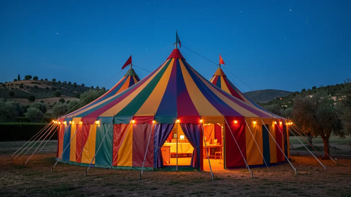 Gran carpa de circo instalada en Málaga al atardecer, con luces cálidas y ambiente mágico.