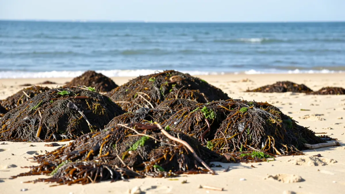 Generic image of a beach with a large amount of seaweed accumulated on the shore.