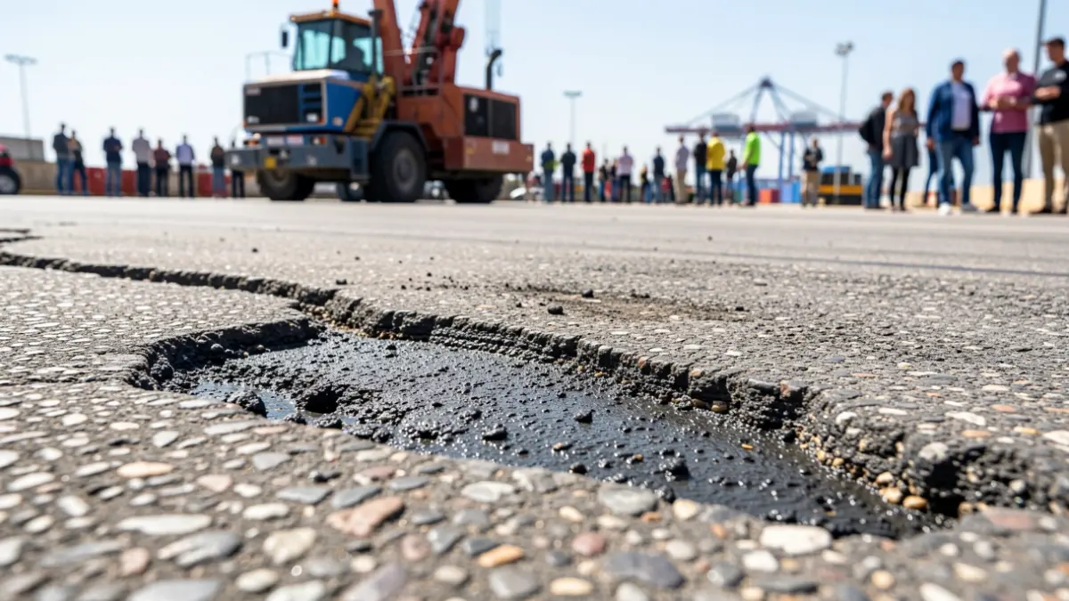 Imagen de obras de pavimentación en una zona portuaria de Cádiz.