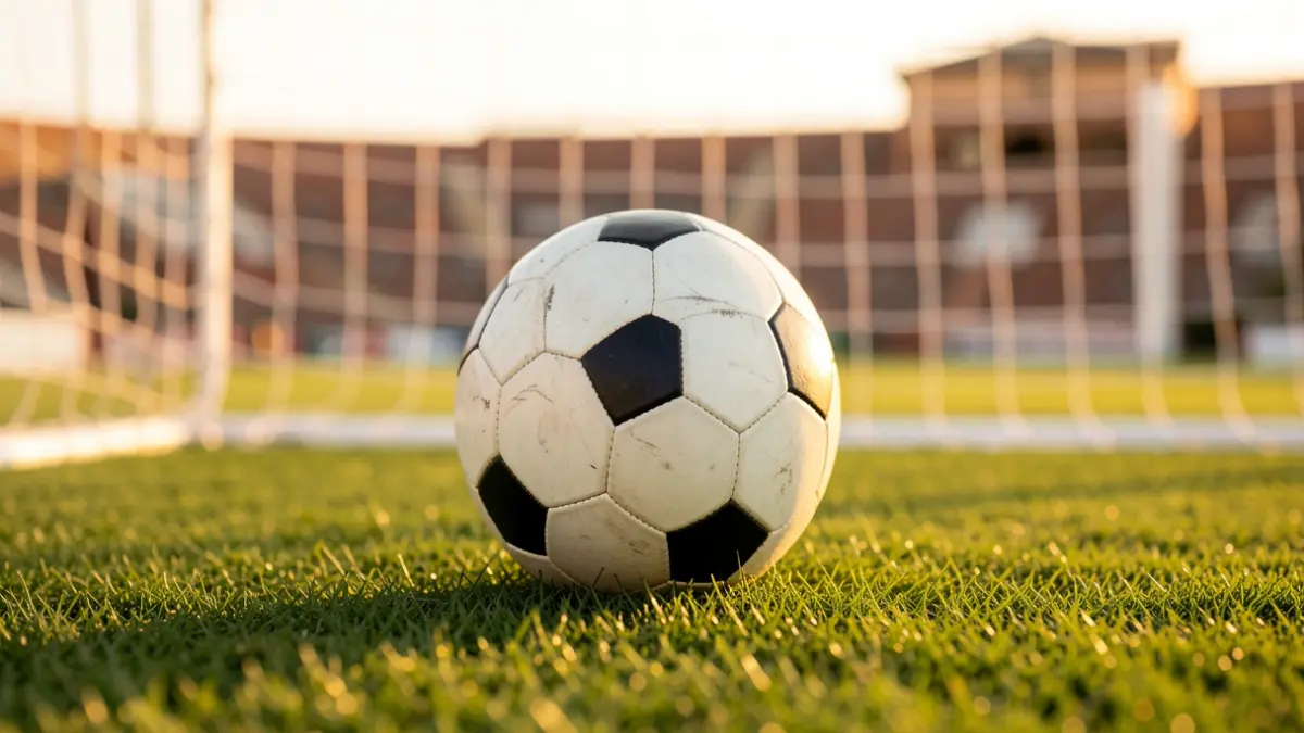 Imagen genérica de un balón de fútbol sobre césped con la portería desenfocada.