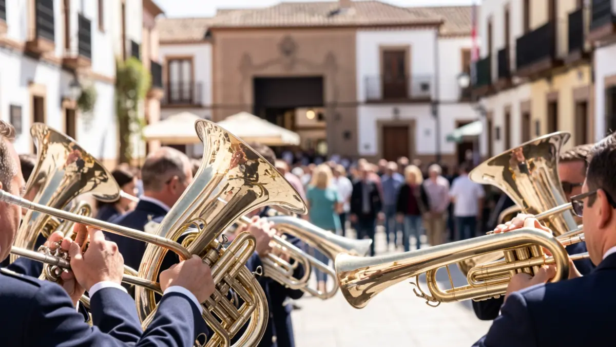 Instrumentos de metal de una banda de música bajo el sol, con una plaza andaluza borrosa al fondo.