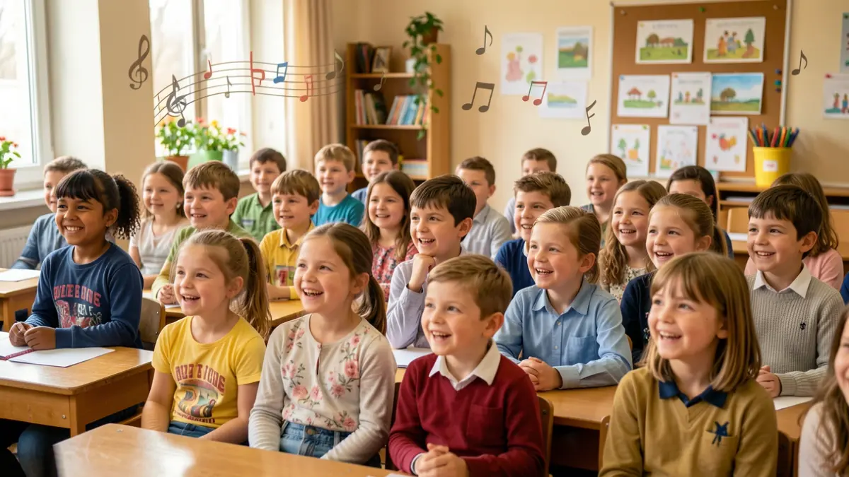Generic image of schoolchildren enjoying a musical activity in the classroom.