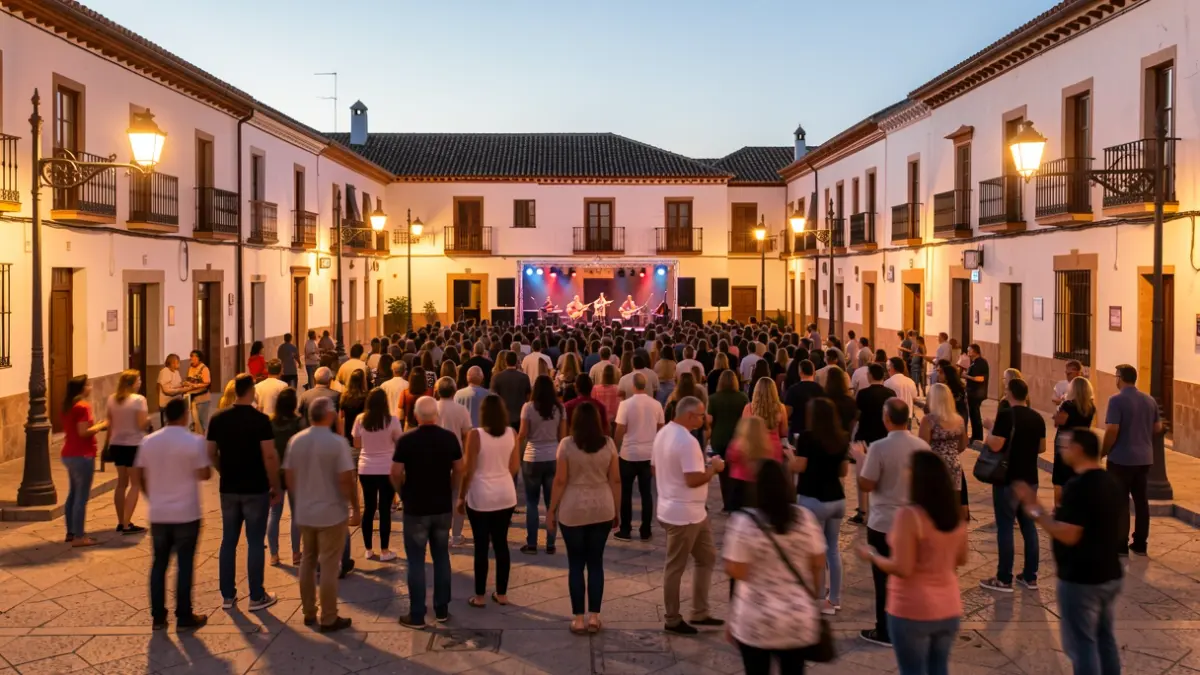 Generic image of an Andalusian square filled with people enjoying a concert at dusk.