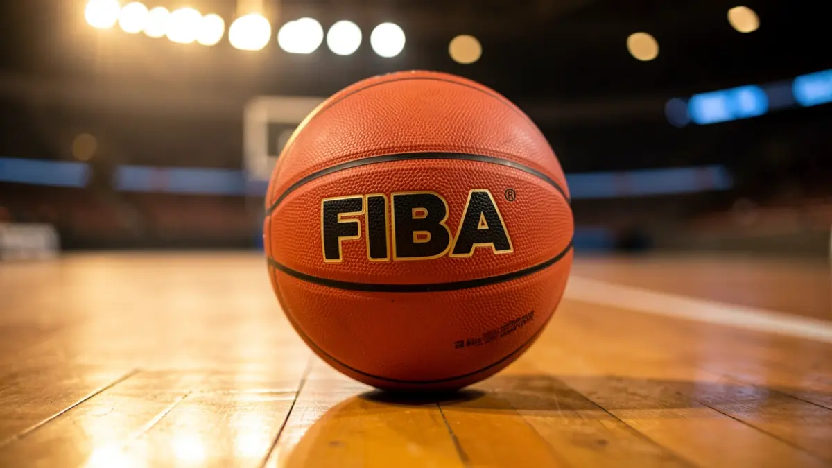 Close-up of a basketball with the FIBA logo on a polished wooden court.